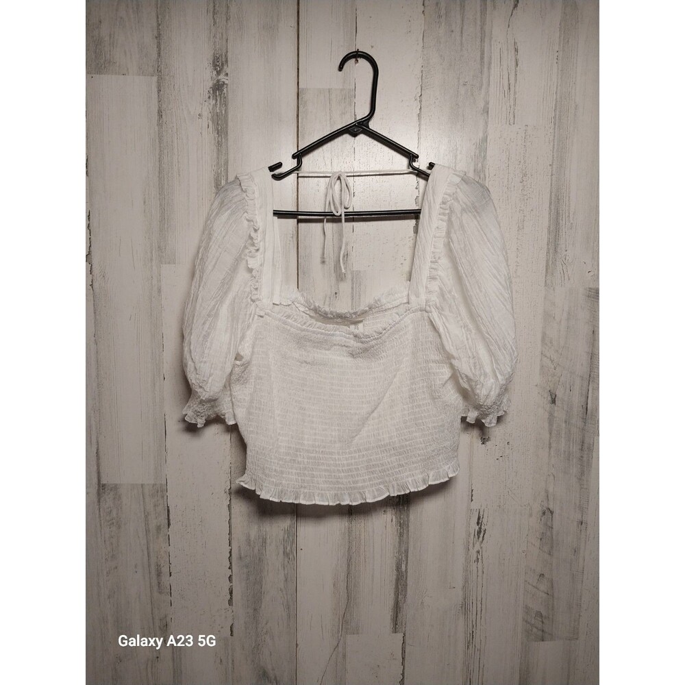 H&M Conscious Choice Womens White Smocked Crop Top W Puff Sleeves Size XL